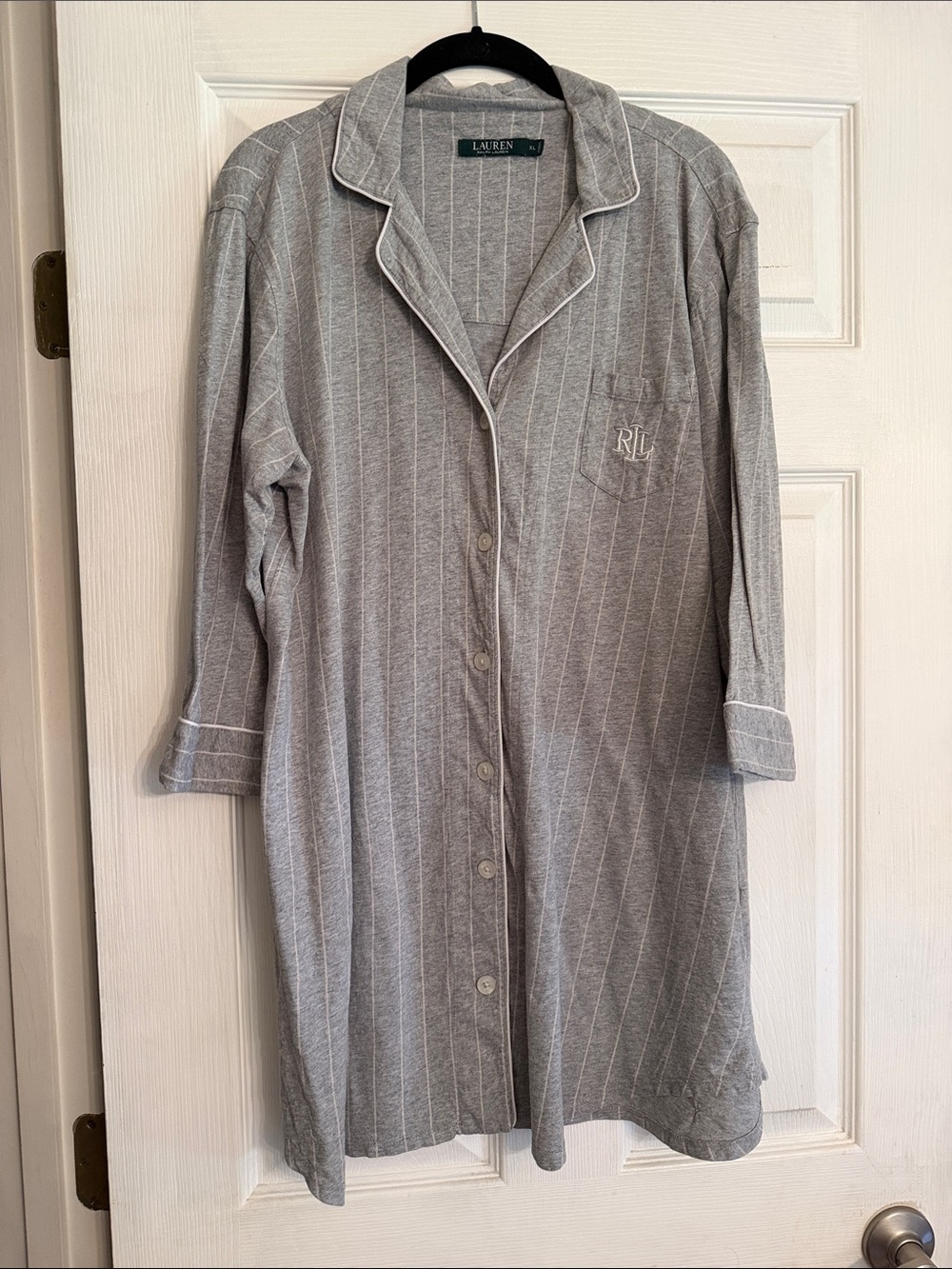 Lauren Ralph Lauren Gray Pinstripe Button-Up Nightshirt with RLL Monogram XL - Picture 2 of 4